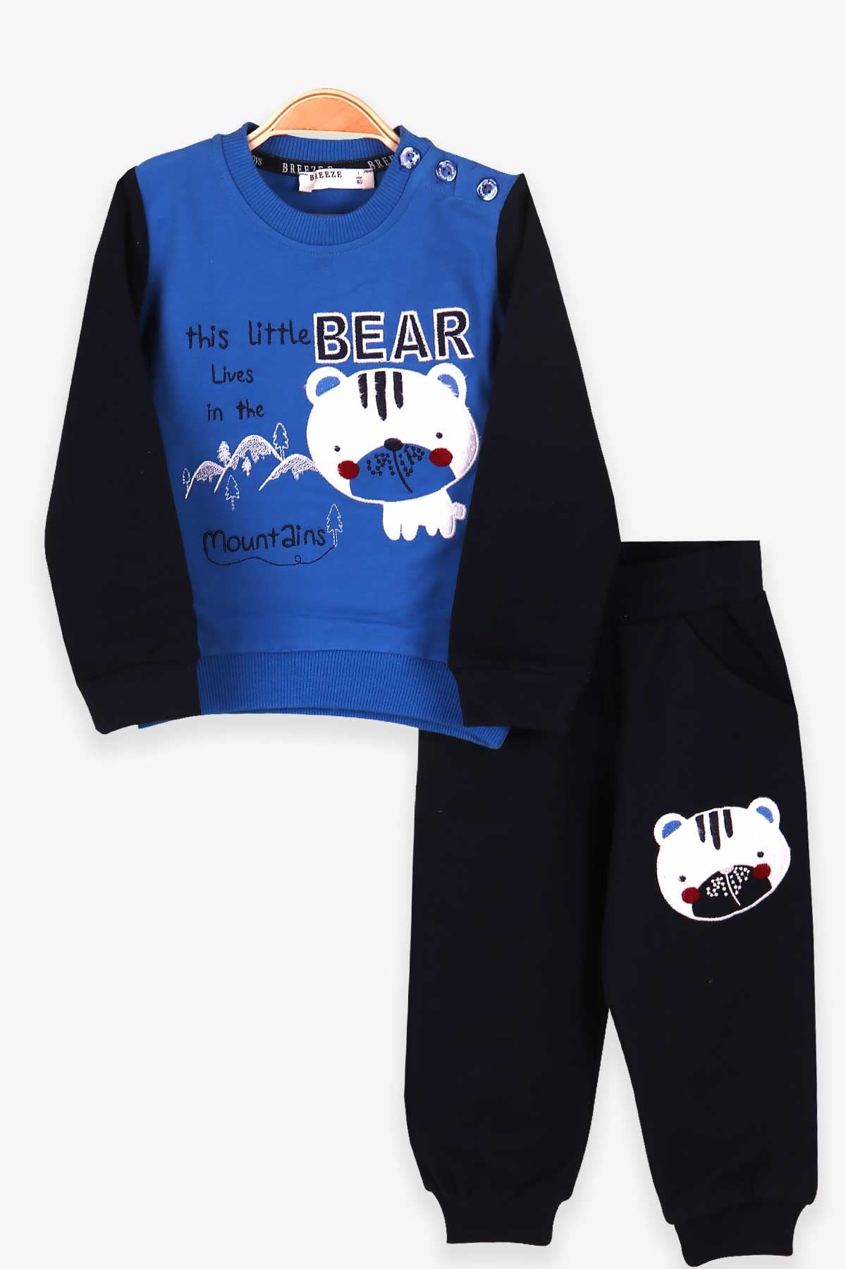 Breeze Erkek Bebek Eşofman Takımı Ayıcık Nakışlı Mavi (1-4 Yaş)