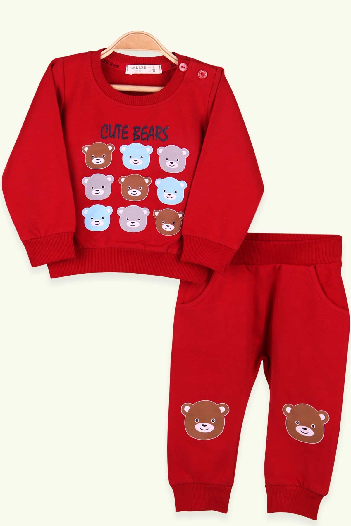 Breeze Erkek Bebek Eşofman Takımı Ayıcıklı Kırmızı (9 Ay-3 Yaş)