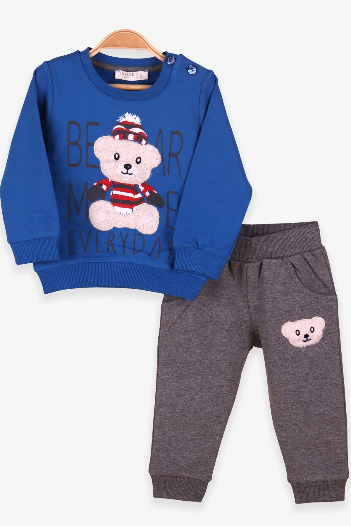 Breeze Erkek Bebek Eşofman Takımı Ayıcıklı Nakışlı Mavi (6 Ay-2 Yaş)
