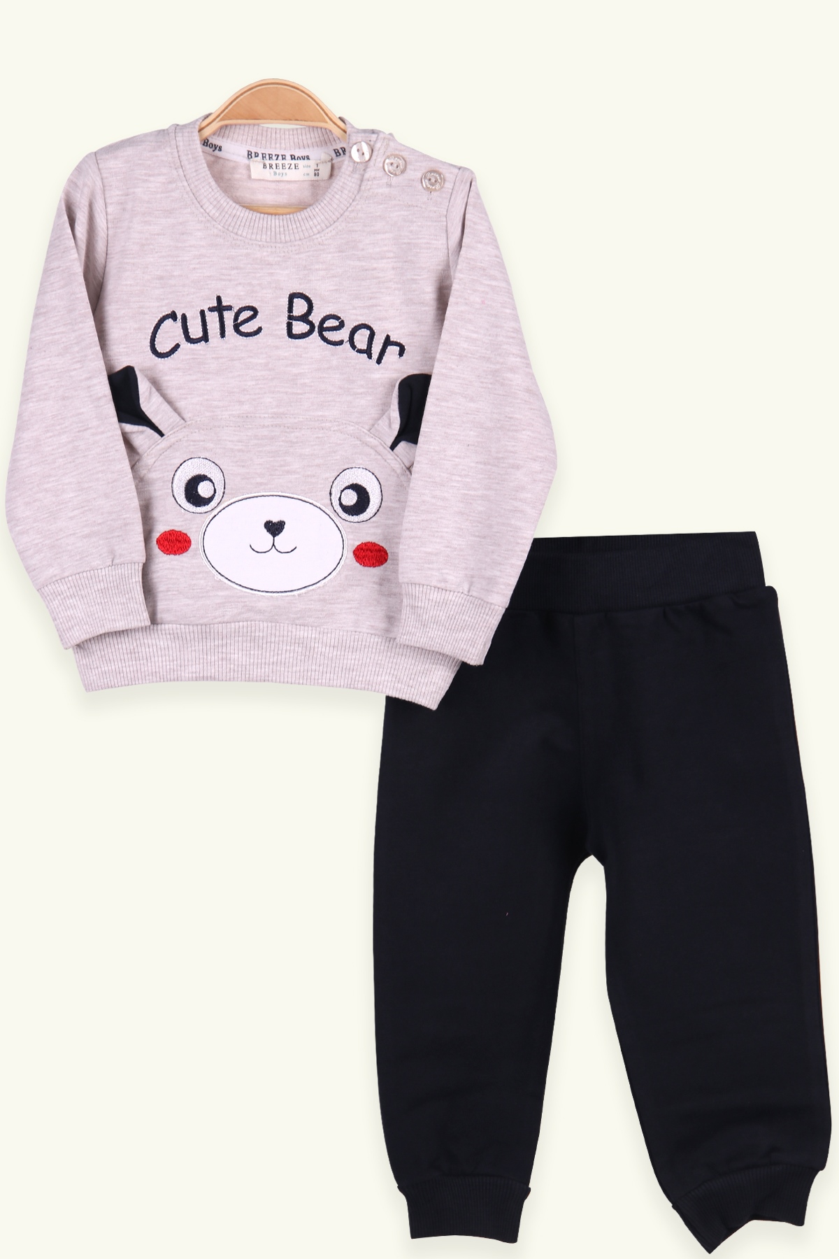Breeze Erkek Bebek Eşofman Takımı Ayıcıklı Bej (9 Ay-3 Yaş)