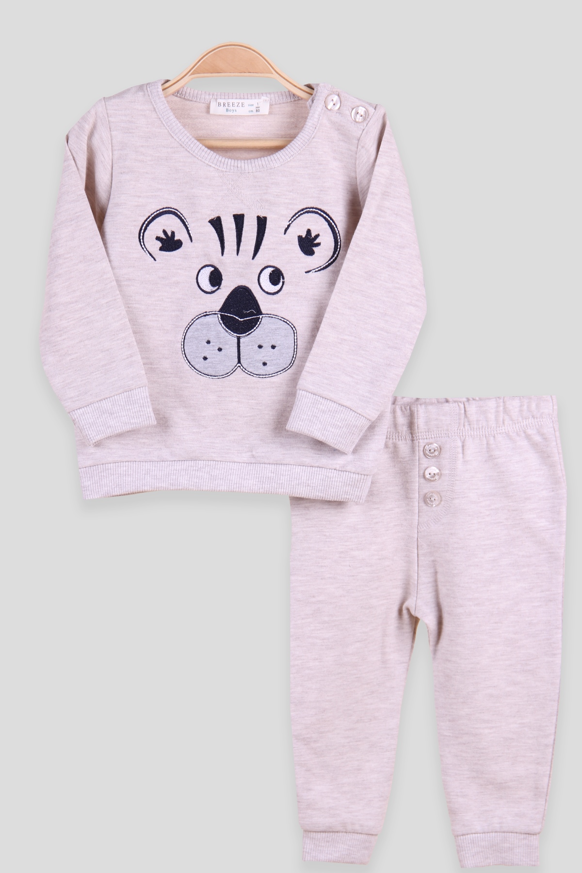 Breeze Erkek Bebek Eşofman Takımı Ayıcık Nakışlı Bej (6 Ay-2 Yaş)