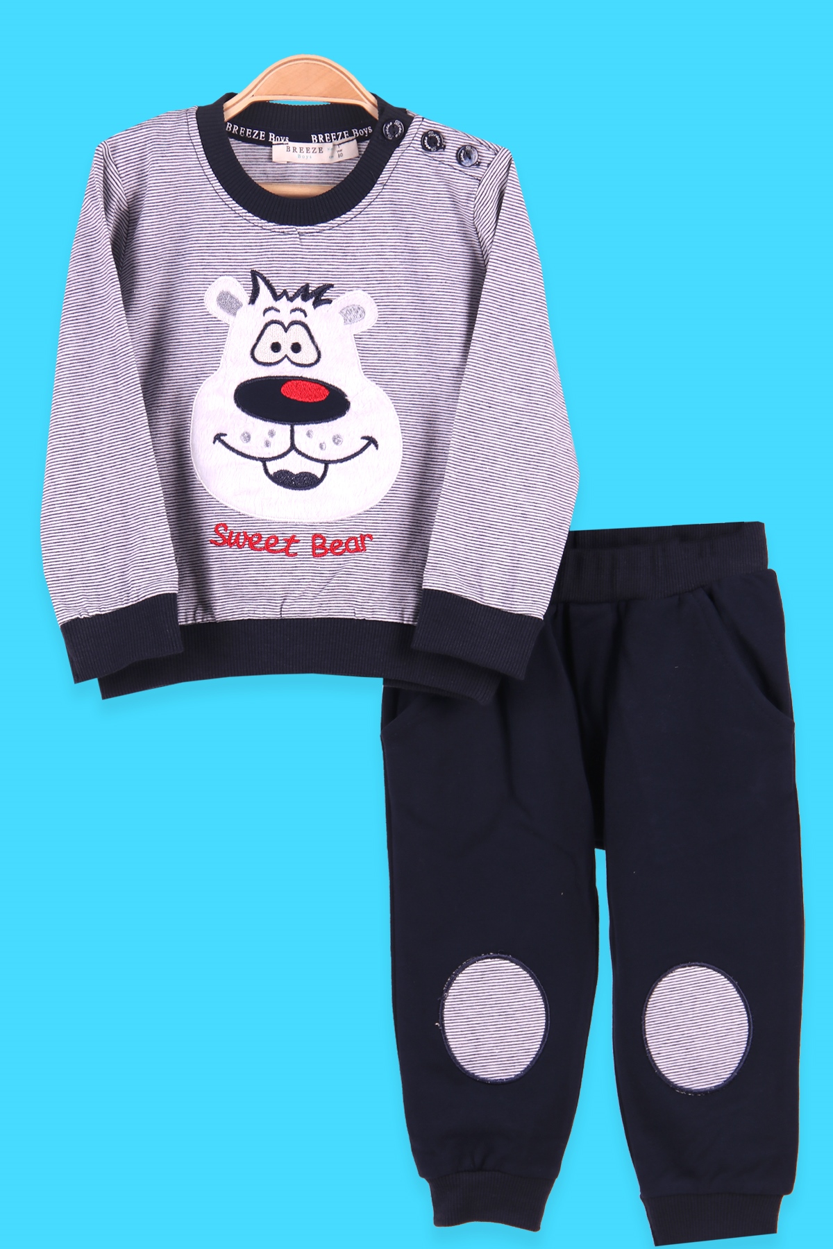 Breeze Erkek Bebek Eşofman Takımı Ayıcıklı Çizgili Lacivert (9 Ay-3 Yaş)