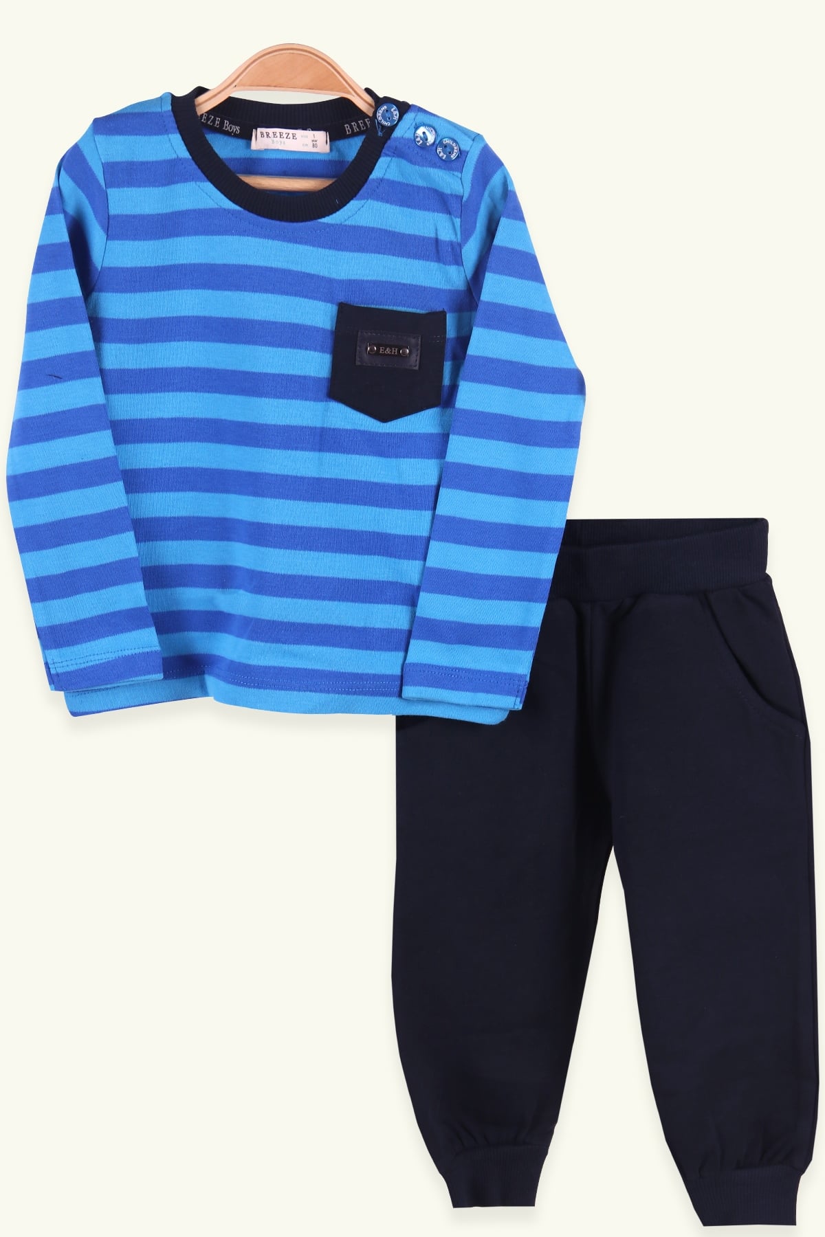 Breeze Erkek Bebek Eşofman Takımı Cepli Çizgili Mavi (9 Ay-3 Yaş)