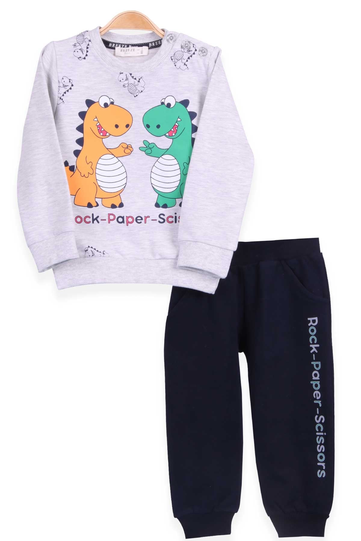 Breeze Erkek Bebek Eşofman Takımı Dinazor Desenli Açık Gri Melanj (9 Ay-3 Yaş)