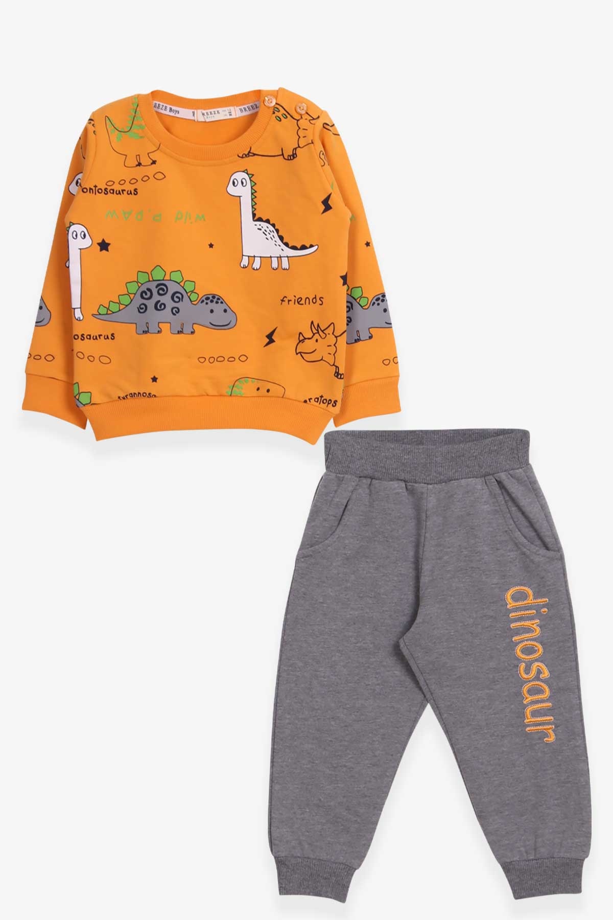 Breeze Erkek Bebek Eşofman Takımı Dinozor Baskılı Hardal Sarı (9 Ay-3 Yaş)