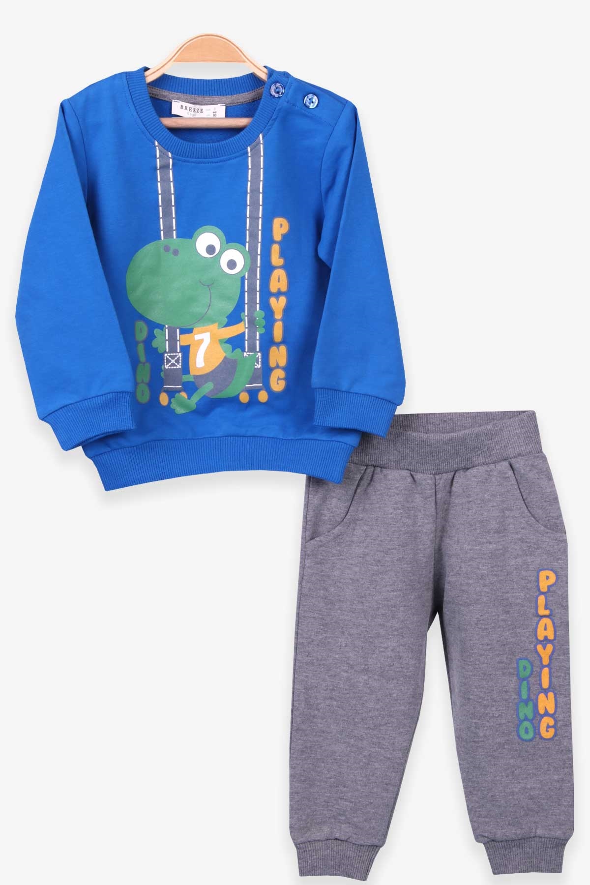 Breeze Erkek Bebek Eşofman Takımı Dinozor Baskılı Saks Mavisi (9 Ay-3 Yaş)