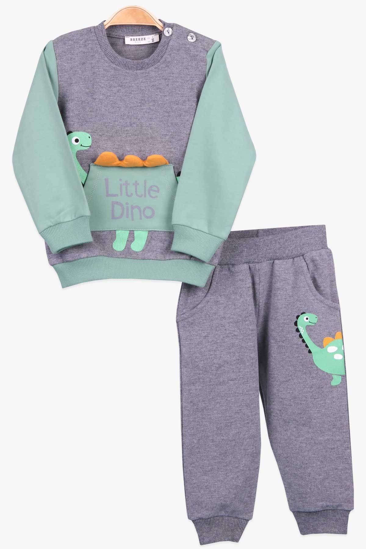 Breeze Erkek Bebek Eşofman Takımı Dinozor Baskılı Koyu Gri Melanj (9 Ay-3 Yaş)