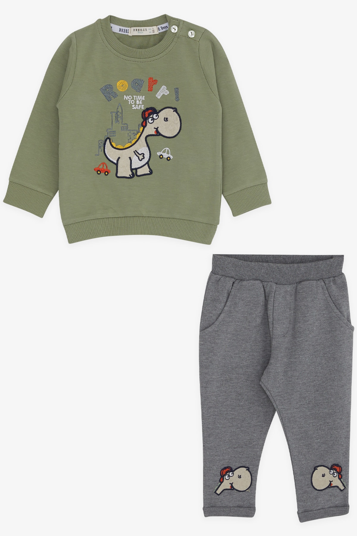 Breeze Erkek Bebek Eşofman Takımı Dinozor Nakışlı Haki Yeşil (6 Ay-2 Yaş)