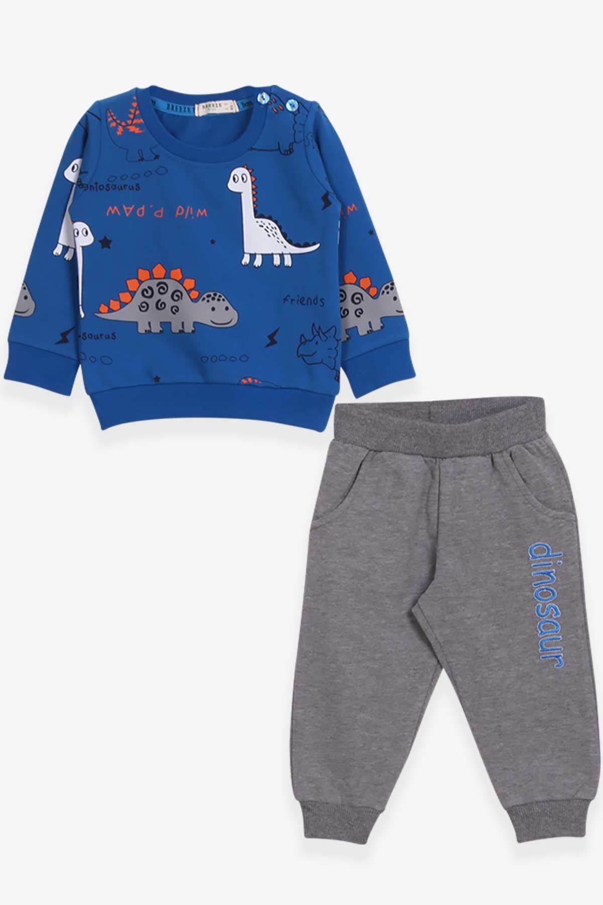 Breeze Erkek Bebek Eşofman Takımı Dinozor Baskılı Saks Mavisi (9 Ay-3 Yaş)