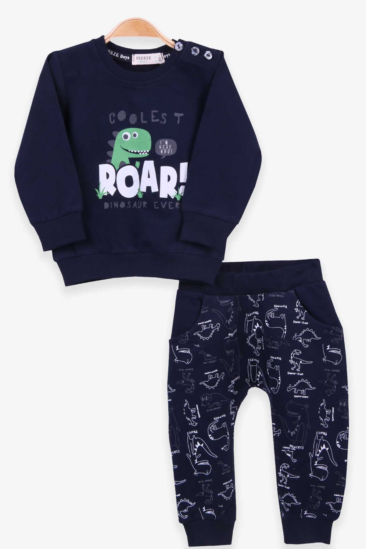 Breeze Erkek Bebek Eşofman Takımı Dinozor Baskılı Lacivert (9 Ay-3 Yaş)