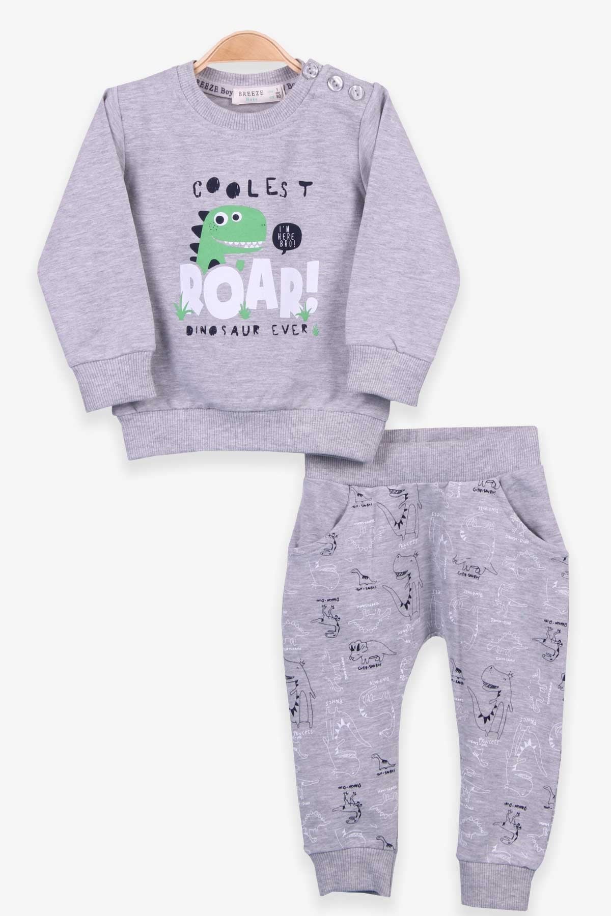 Breeze Erkek Bebek Eşofman Takımı Dinozor Baskılı Gri Melanj (9 Ay-3 Yaş)