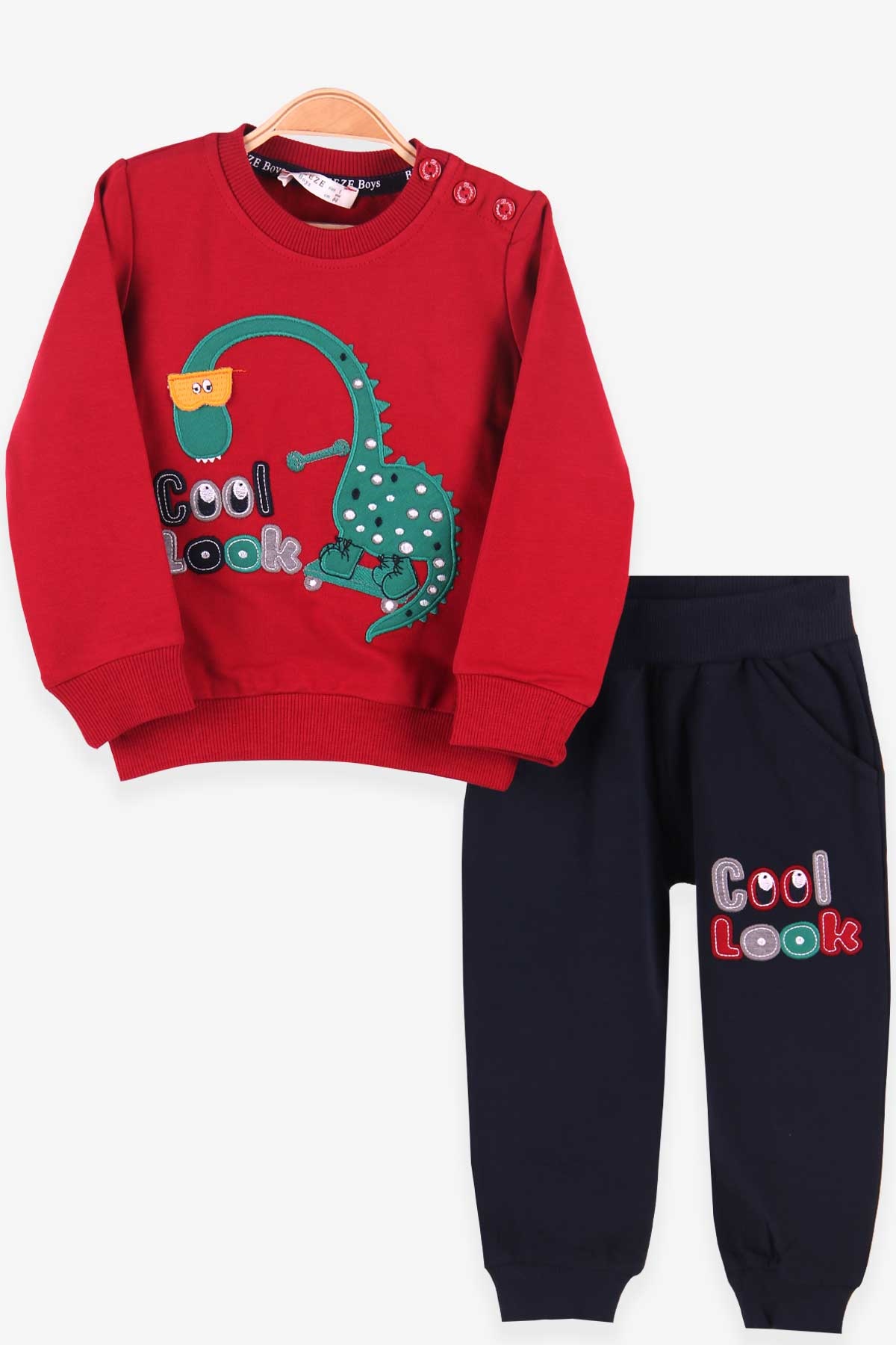 Breeze Erkek Bebek Eşofman Takımı Dinozor Nakışlı Bordo (9 Ay-3 Yaş)