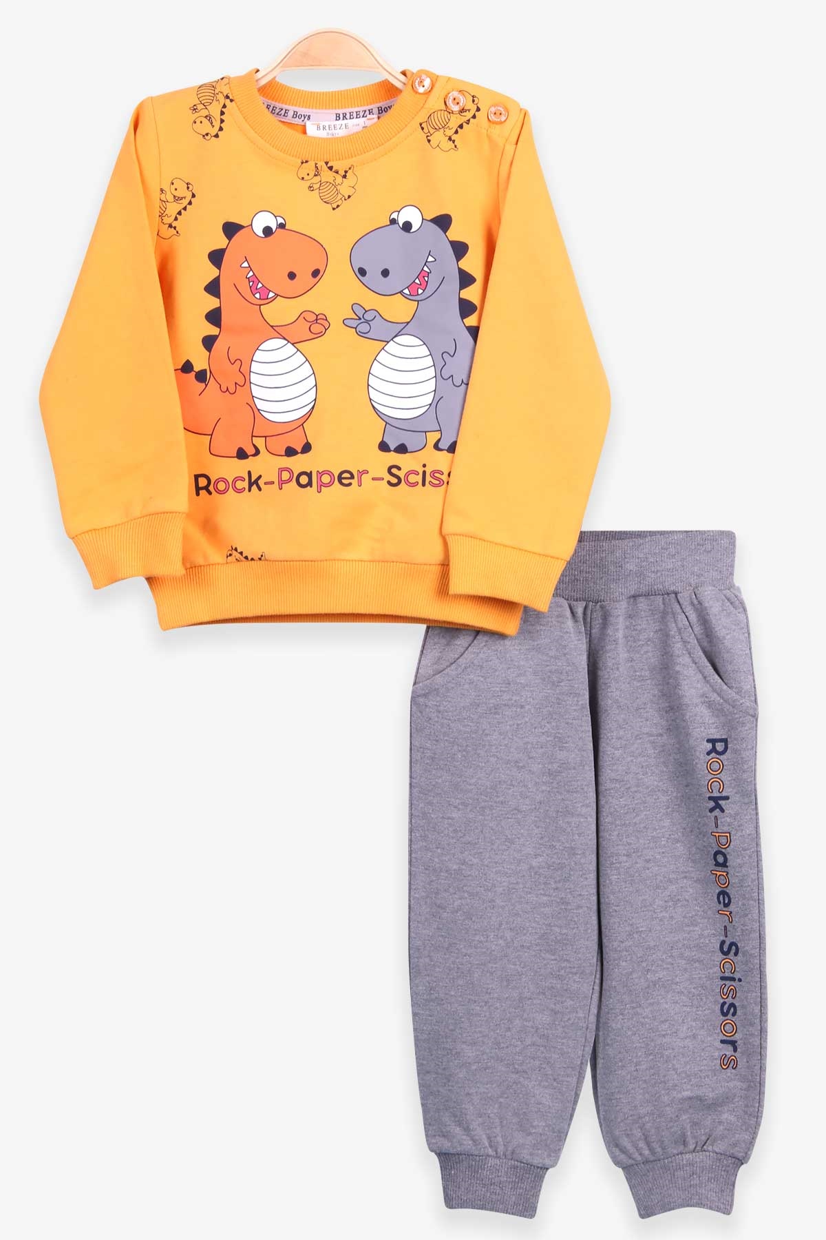 Breeze Erkek Bebek Eşofman Takımı Dinozor Desenli Hardal Sarı (9 Ay-3 Yaş)