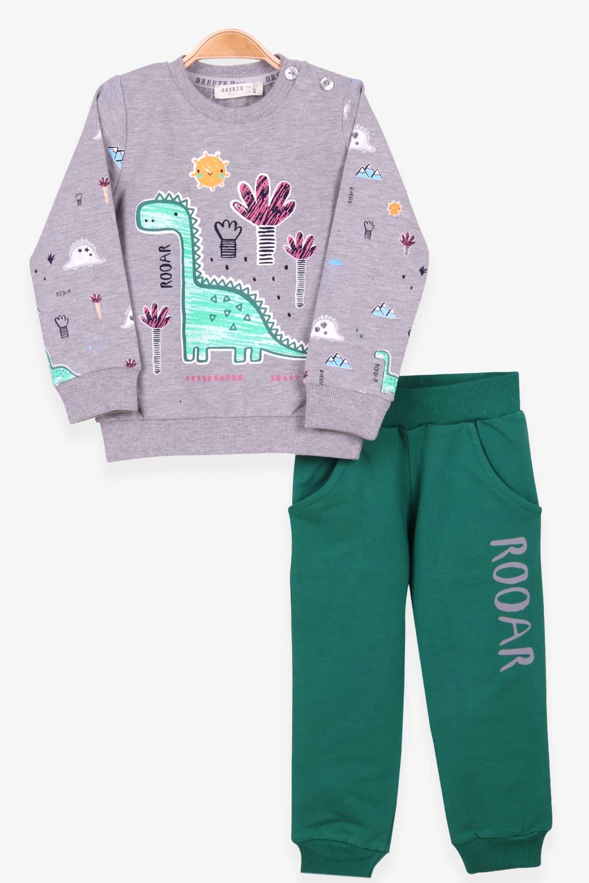 Breeze Erkek Bebek Eşofman Takımı Dinozor Desenli Gri Melanj (6 Ay-2 Yaş)