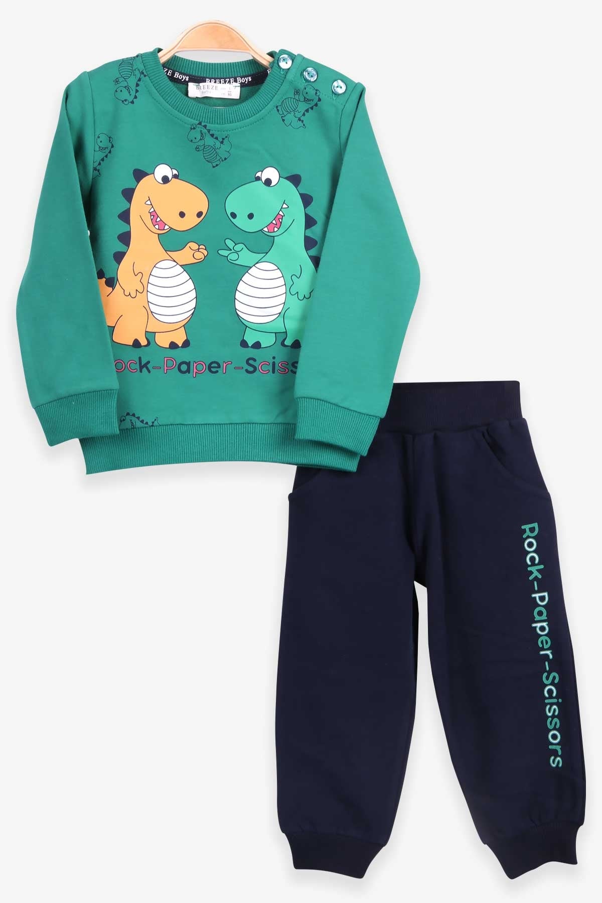 Breeze Erkek Bebek Eşofman Takımı Dinozor Desenli Yeşil (9 Ay-3 Yaş)