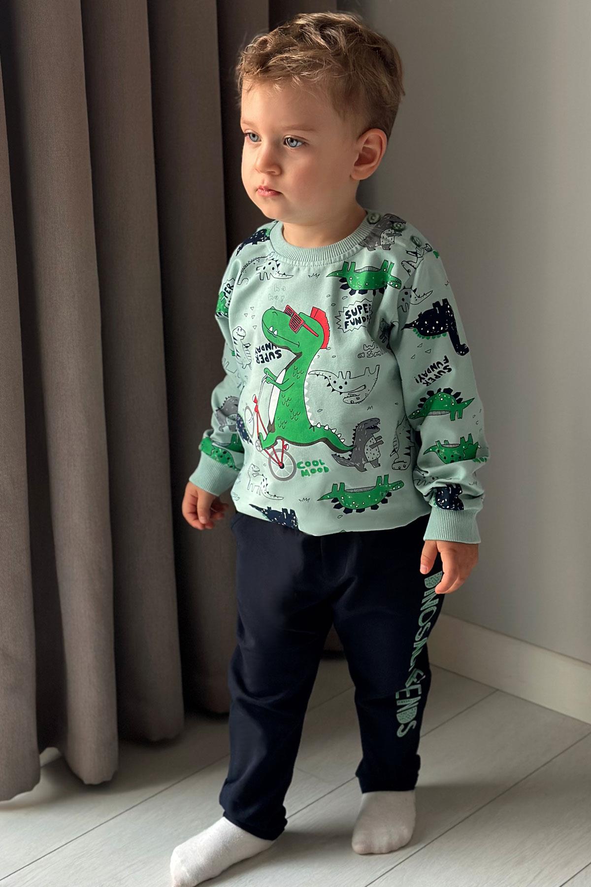 Breeze Erkek Bebek Eşofman Takımı Dinozor Baskılı Su Yeşili (9 Ay-3 Yaş)