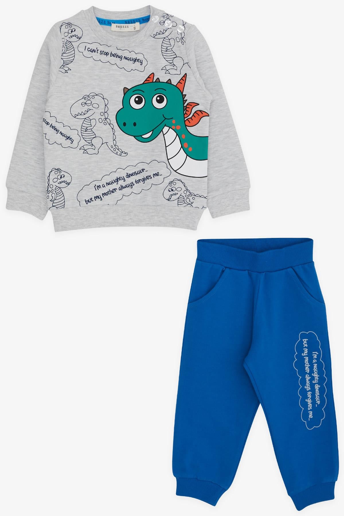 Breeze Erkek Bebek Eşofman Takımı Dinozor Desenli Açık Gri Melanj (1 Yaş)