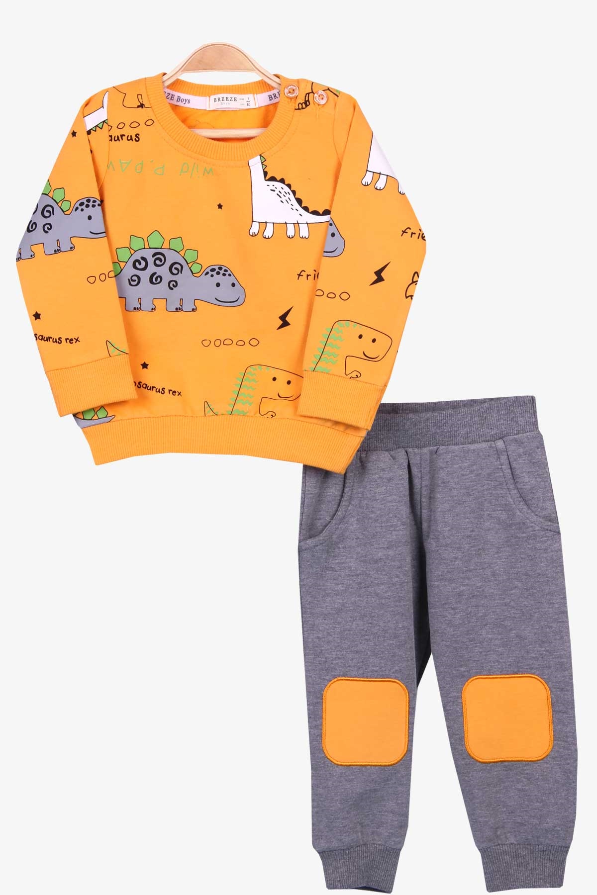 Breeze Erkek Bebek Eşofman Takımı Dinozor Baskılı Hardal Sarı (9 Ay-3 Yaş)