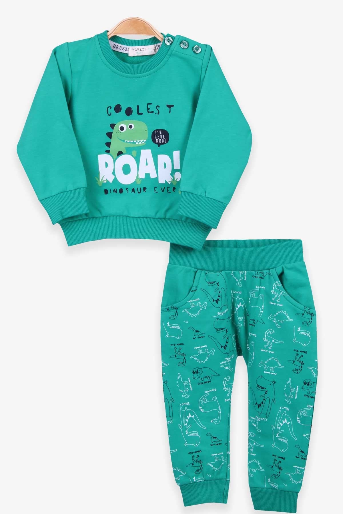 Breeze Erkek Bebek Eşofman Takımı Dinozor Baskılı Yeşil (9 Ay-3 Yaş)
