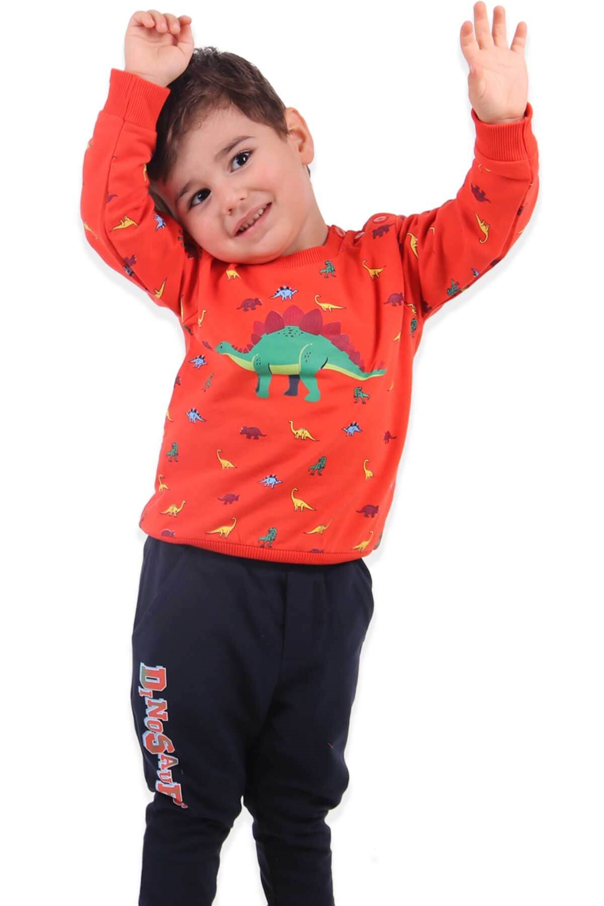 BREEZE Erkek Bebek Eşofman Takımı Dinozorlu Turuncu (9 Ay-3 Yaş)