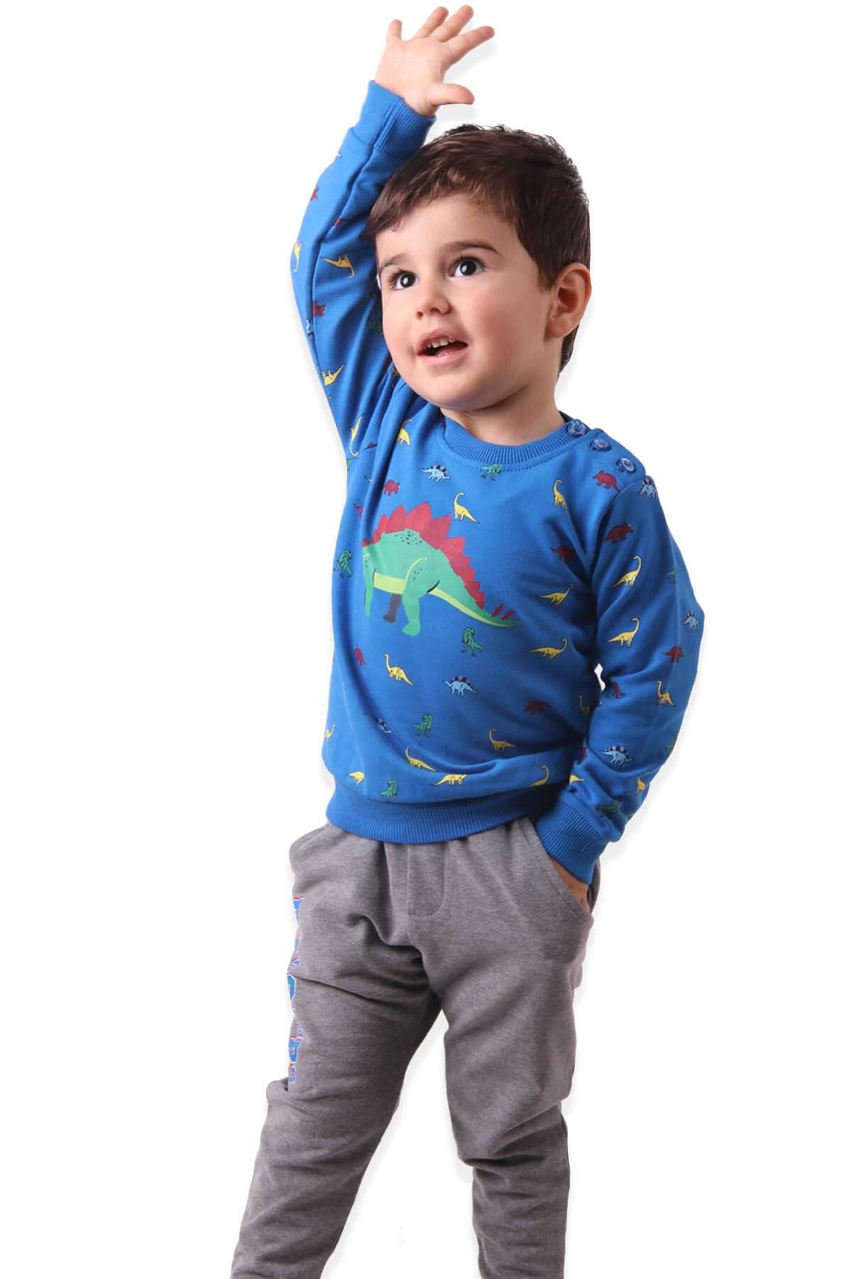 BREEZE Erkek Bebek Eşofman Takımı Dinozorlu Mavi (9 Ay-3 Yaş)