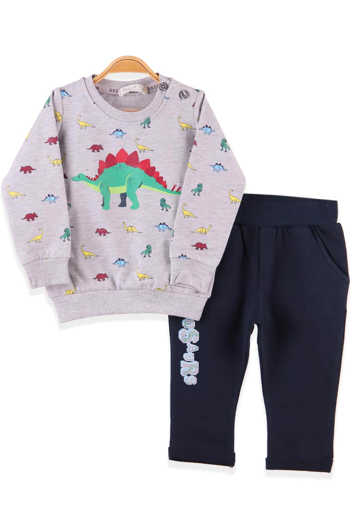 BREEZE Erkek Bebek Eşofman Takımı Dinozorlu Gri (9 Ay-3 Yaş)
