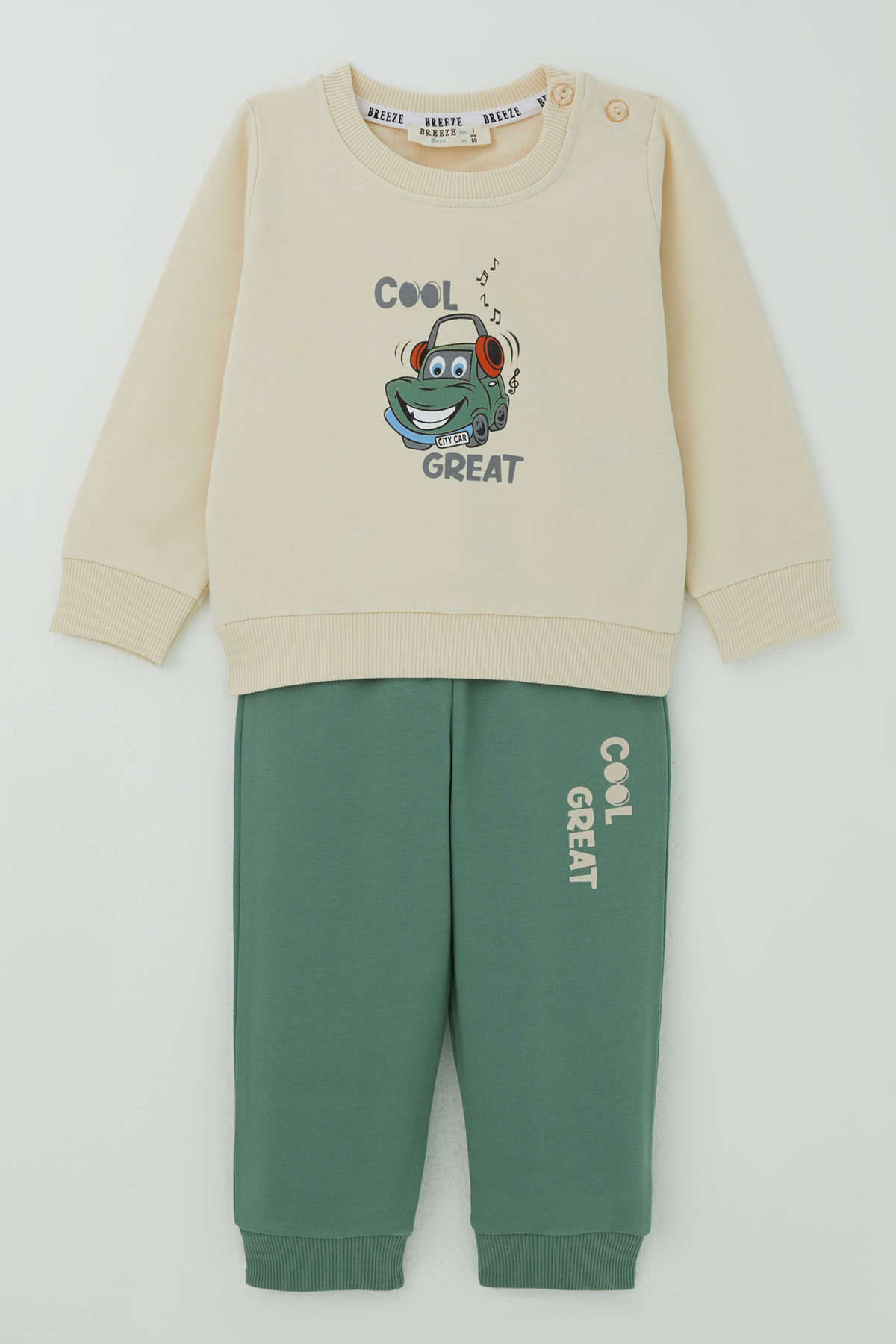 Breeze Erkek Bebek Eşofman Takımı Havalı Şehir Arabası Sırt Baskı Detaylı Krem (6 Ay - 2 Yaş)