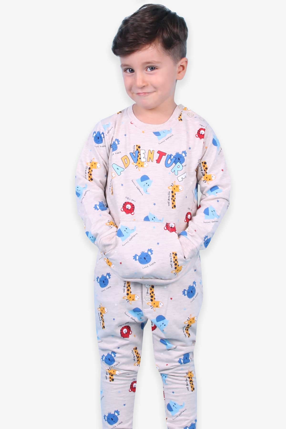 Breeze Erkek Bebek Eşofman Takımı Hayvan Desenli Bej Melanj (9 Ay-3 Yaş)
