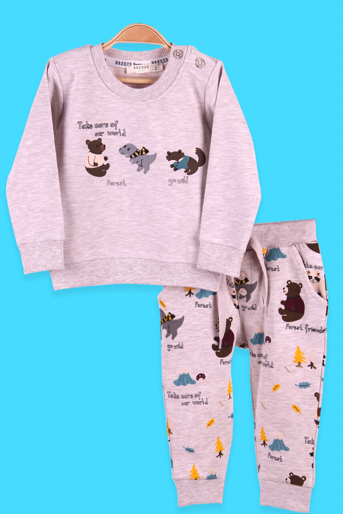 Breeze Erkek Bebek Eşofman Takımı Hayvancık Desenli Bej (9 Ay-3 Yaş)