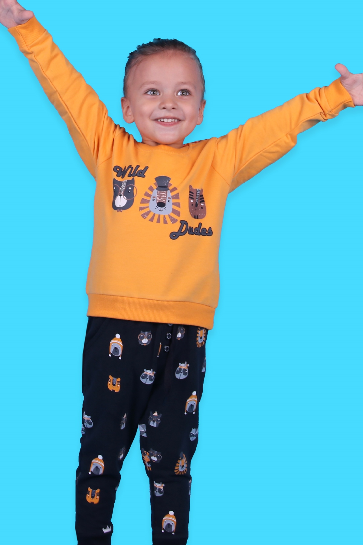 Breeze Erkek Bebek Eşofman Takımı Hayvancık Desenli Hardal Sarı (9 Ay-3 Yaş)