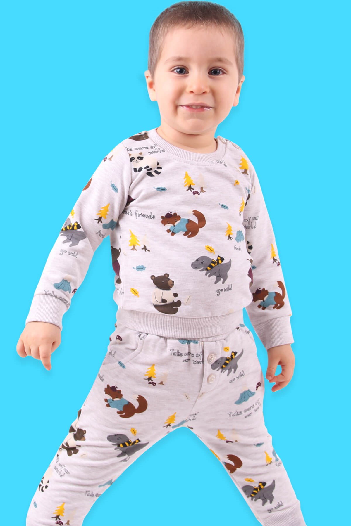 Breeze Erkek Bebek Eşofman Takımı Hayvan Desenli Bej (6 Ay-2 Yaş)