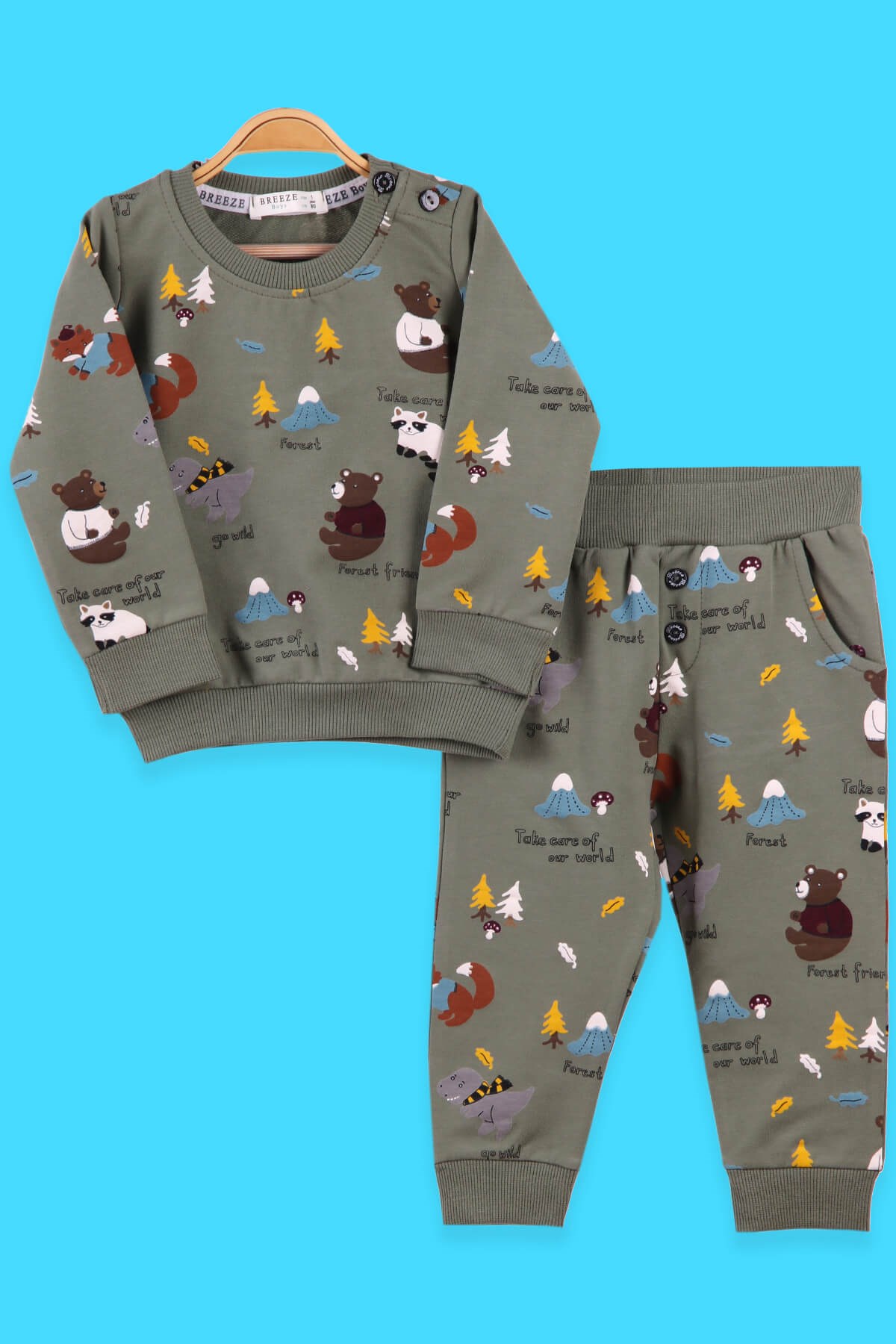 Breeze Erkek Bebek Eşofman Takımı Hayvan Desenli Yeşil (6 Ay-2 Yaş)