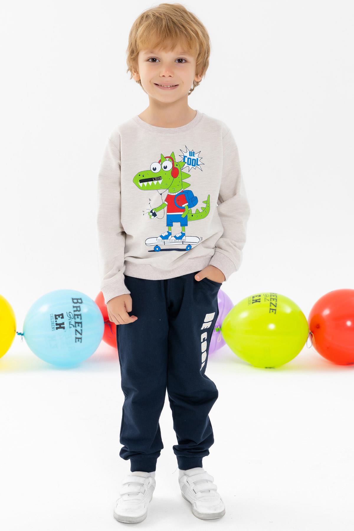 Breeze Erkek Bebek Eşofman Takımı Kaykaycı Timsah Baskılı Bej Melanj (2 Yaş)