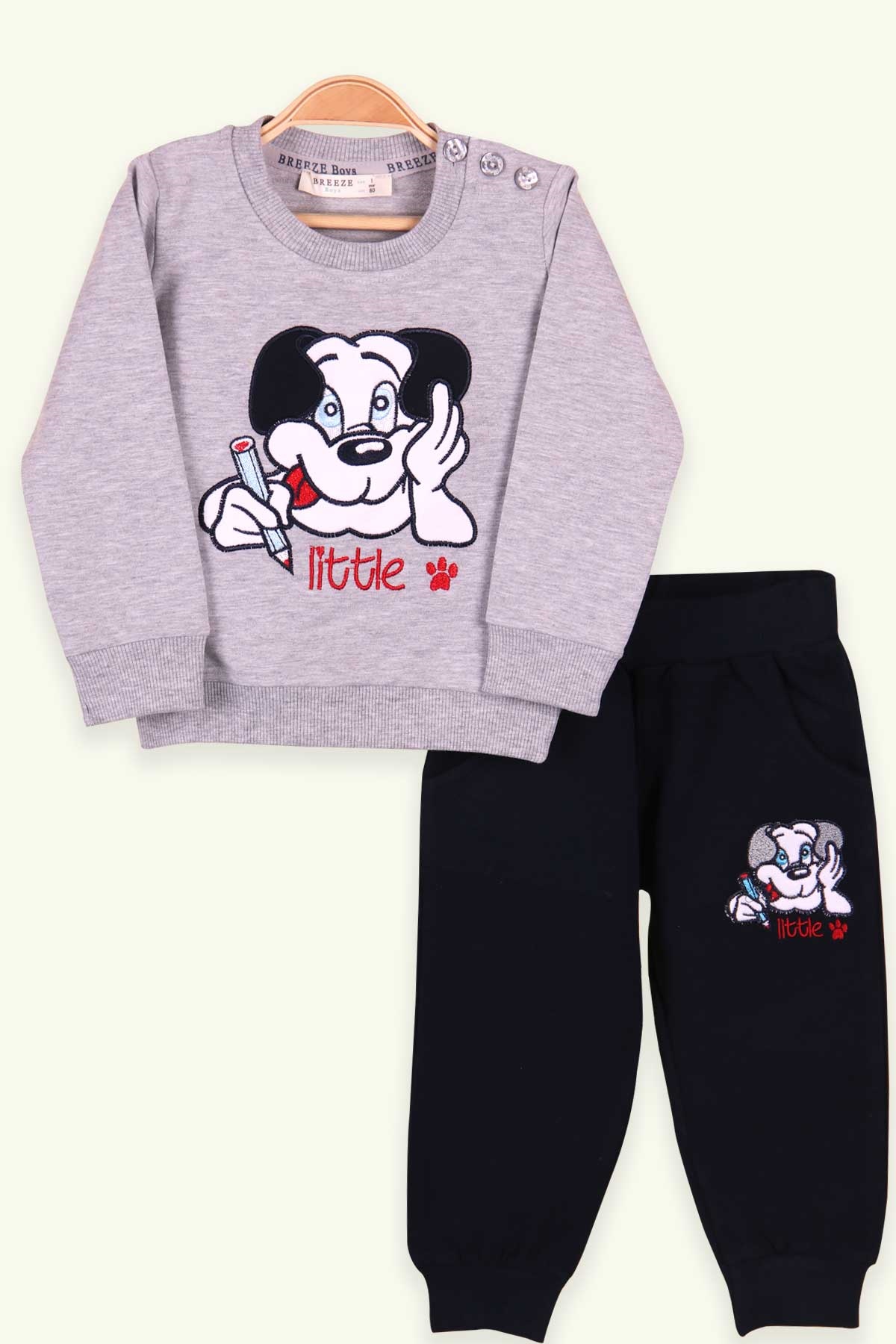 Breeze Erkek Bebek Eşofman Takımı Köpek Nakışlı Açık Gri (9 Ay-3 Yaş)