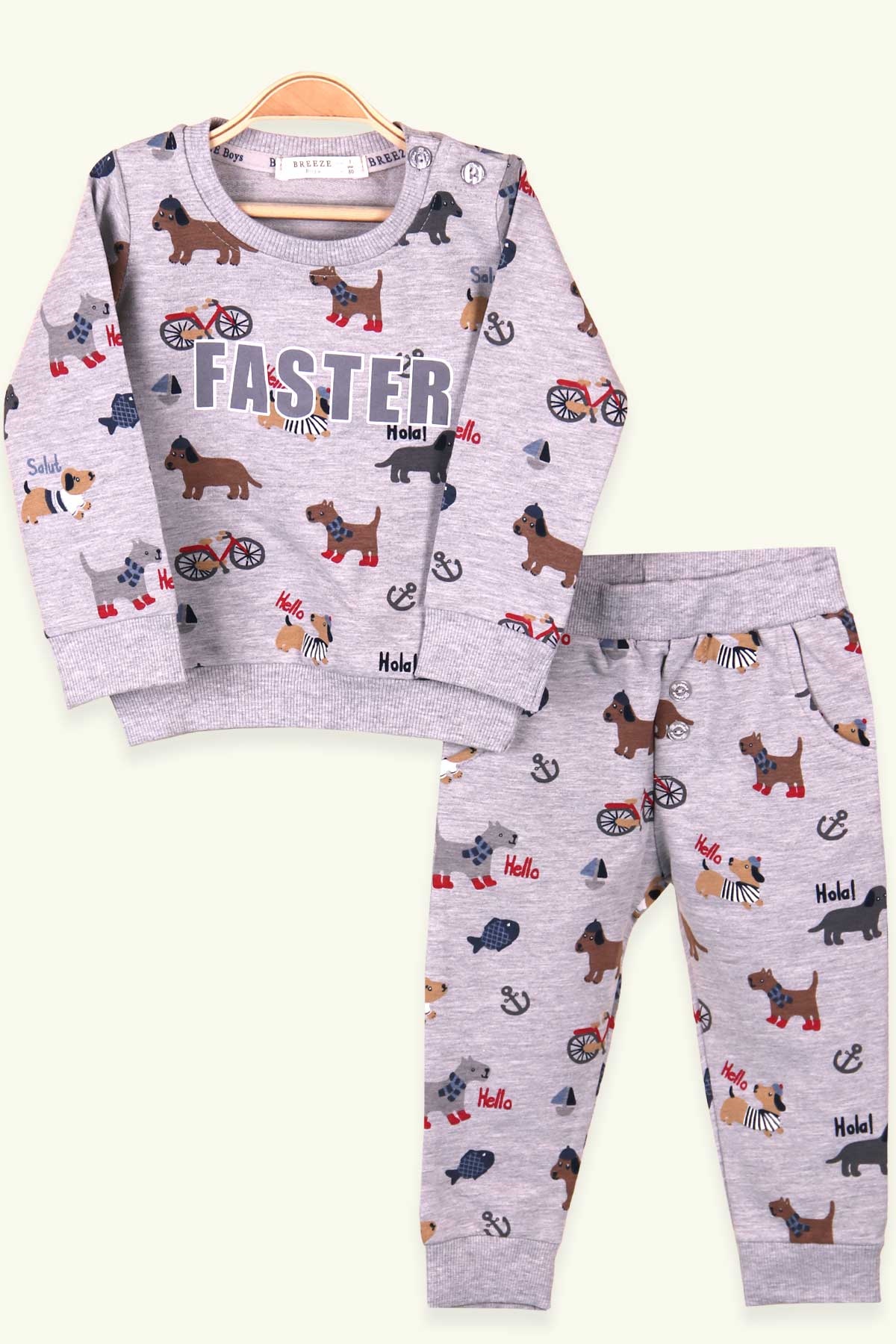 Breeze Erkek Bebek Eşofman Takımı Köpek Desenli Gri (6 Ay-2 Yaş)