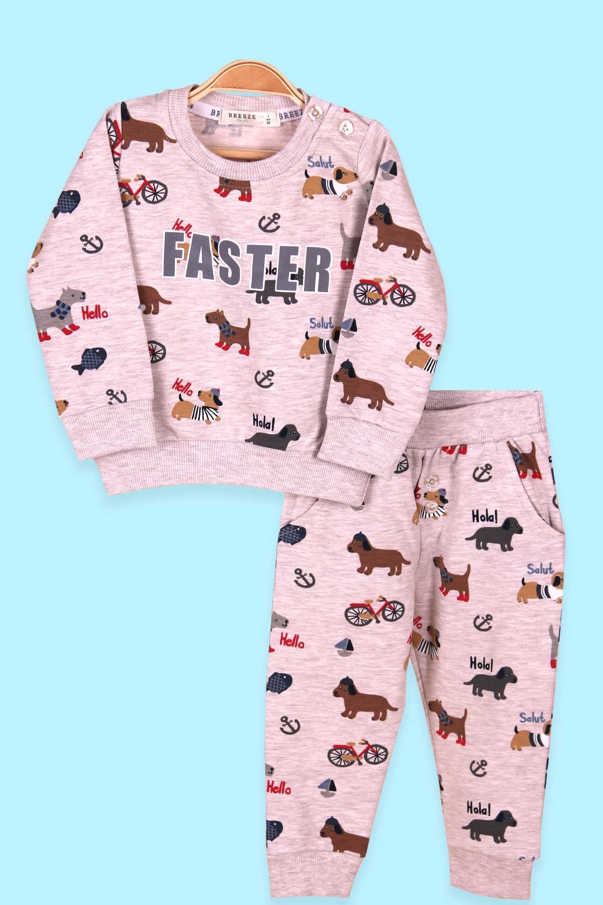 Breeze Erkek Bebek Eşofman Takımı Köpek Desenli Bej (6 Ay-2 Yaş)