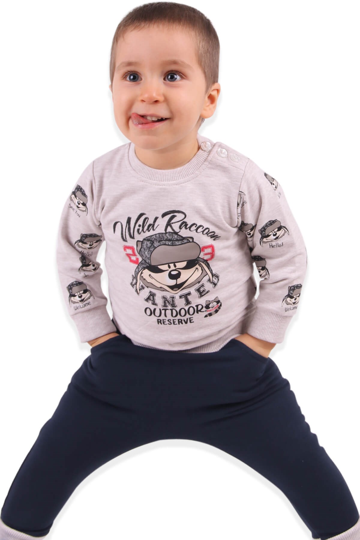 BREEZE Erkek Bebek Eşofman Takımı Köpekli Bej-Lacivert (6 Ay-2 Yaş)