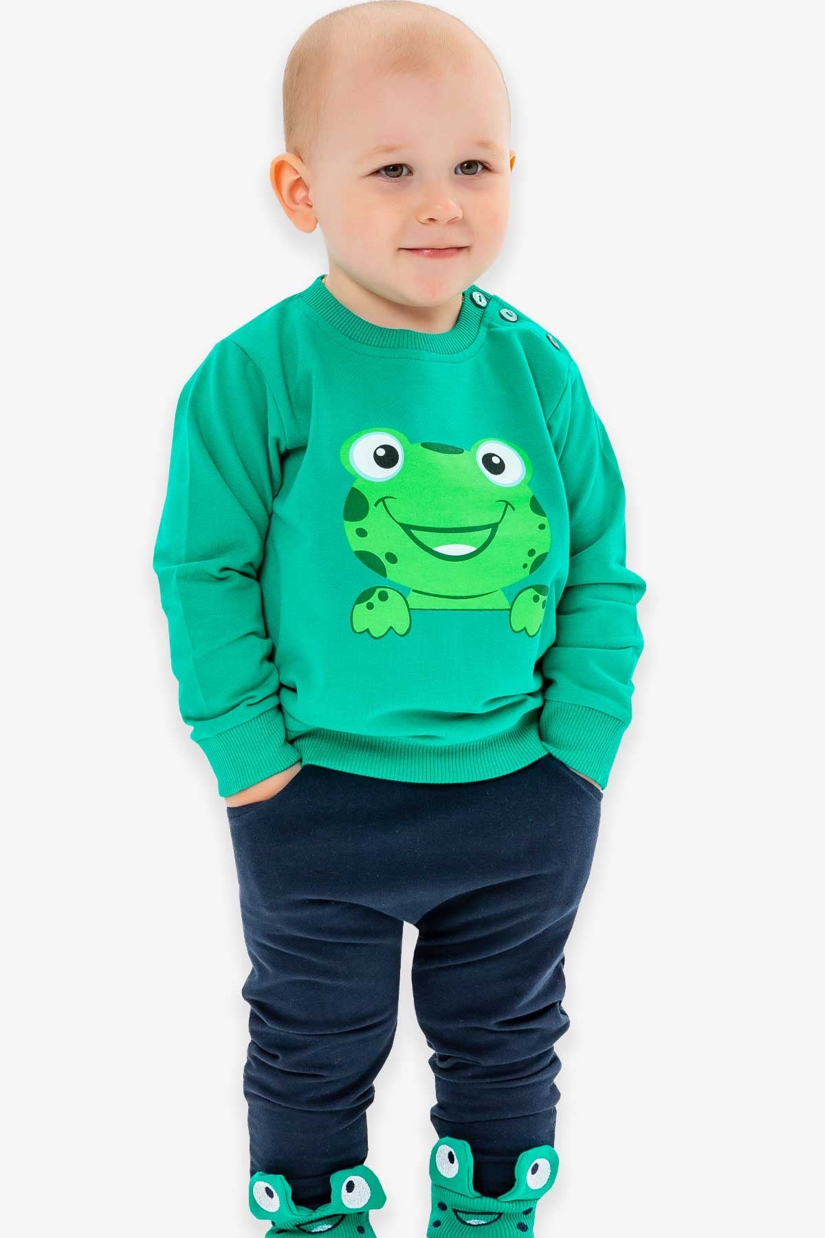 Breeze Erkek Bebek Eşofman Takımı Kurbağa Baskılı Yeşil (9 Ay-3 Yaş)