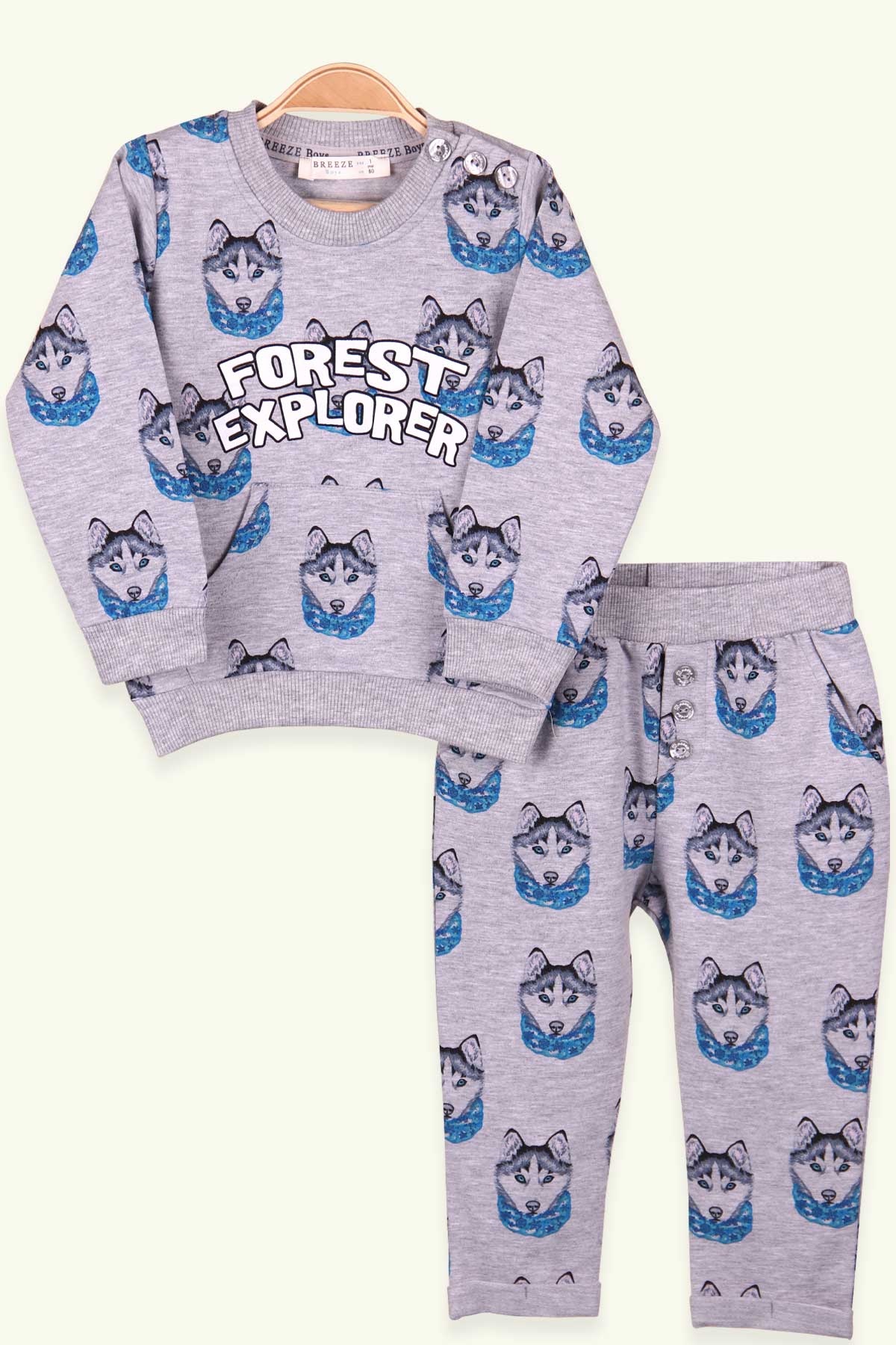 Breeze Erkek Bebek Eşofman Takımı Kurt Desenli Gri (9 Ay-3 Yaş)