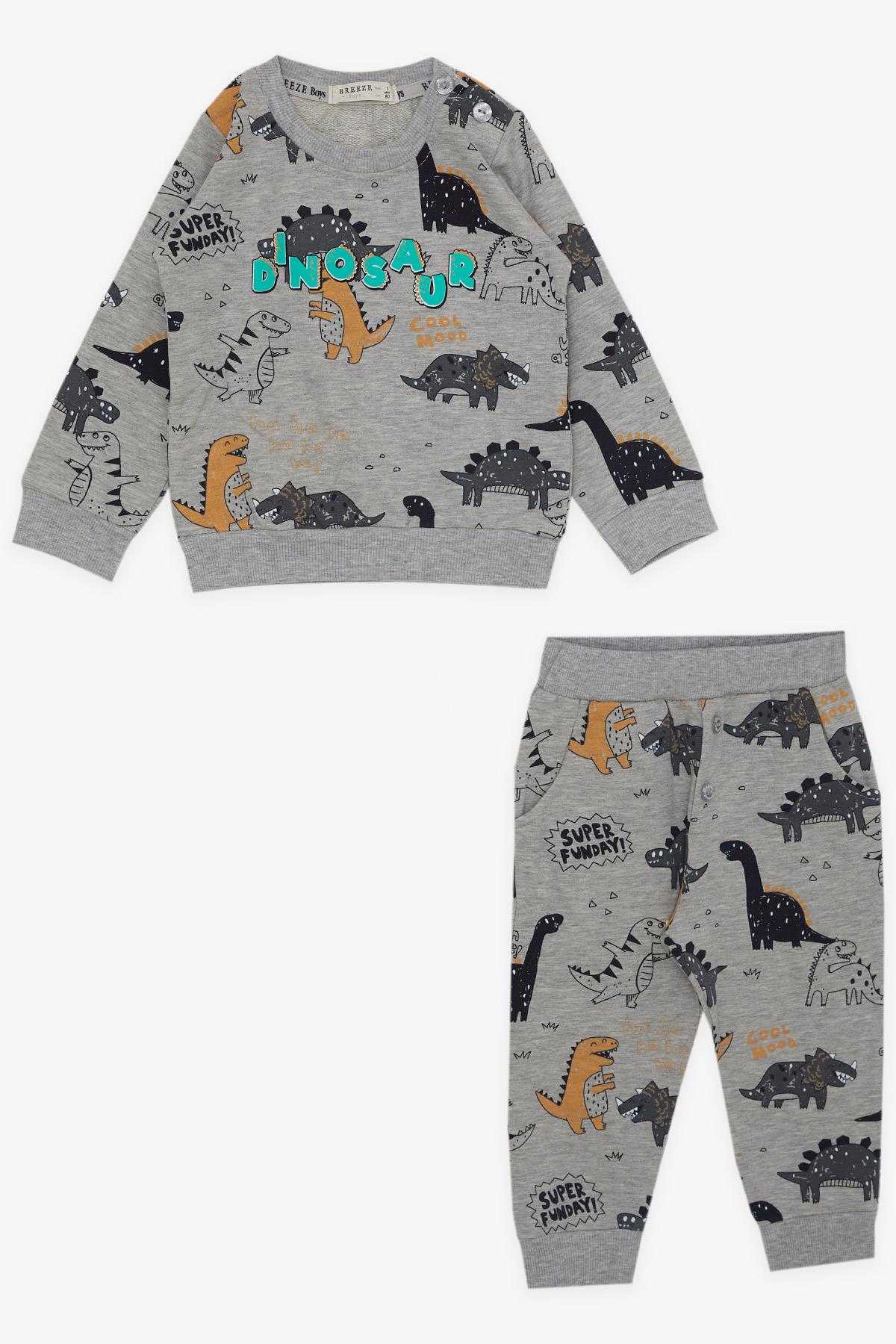 Breeze Erkek Bebek Eşofman Takımı Neşeli Dinozorlar Desenli Gri Melanj (6 Ay-2 Yaş)