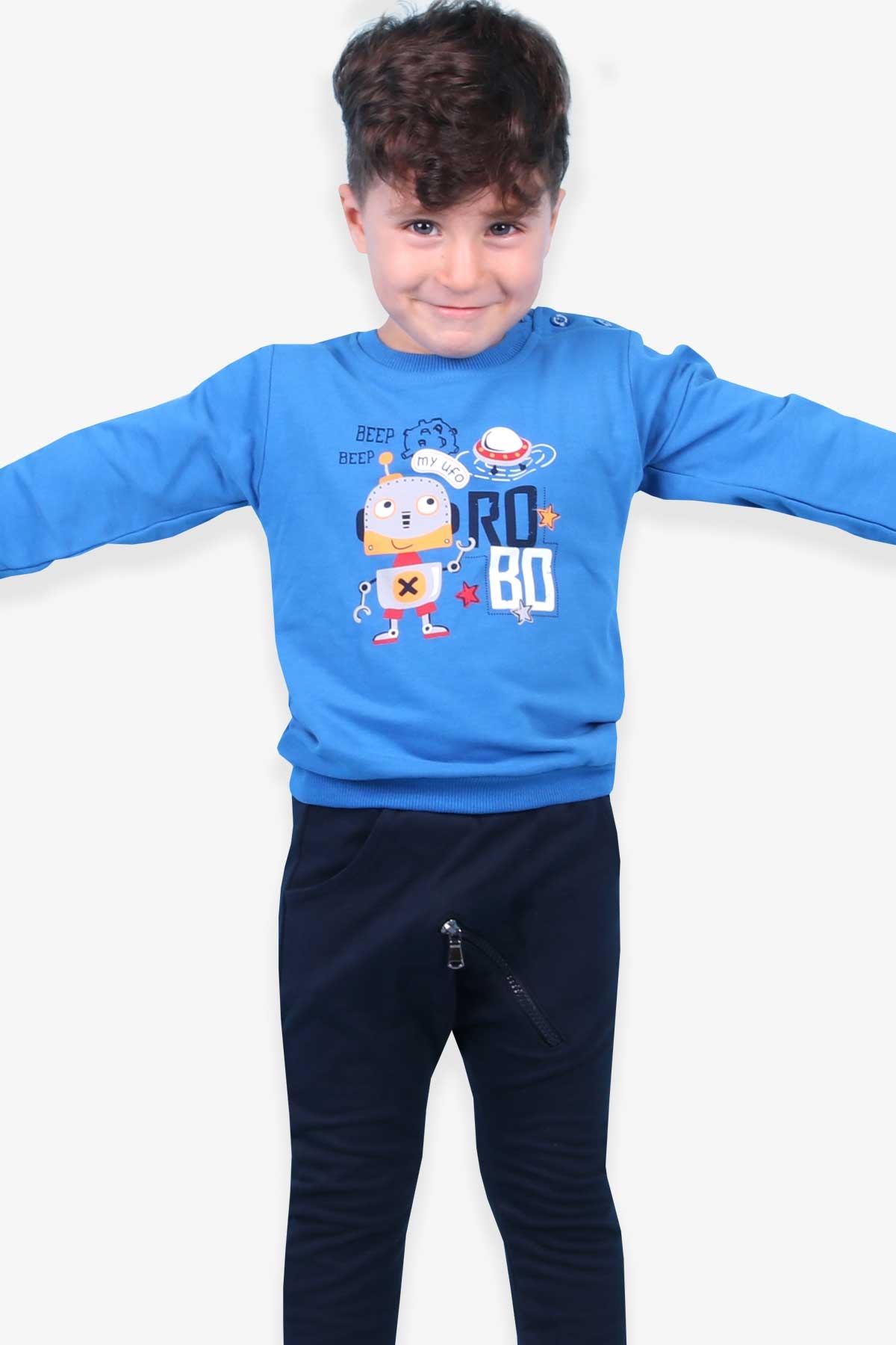 Breeze Erkek Bebek Eşofman Takımı Robotlu Saks Mavisi (9 Ay-3 Yaş)