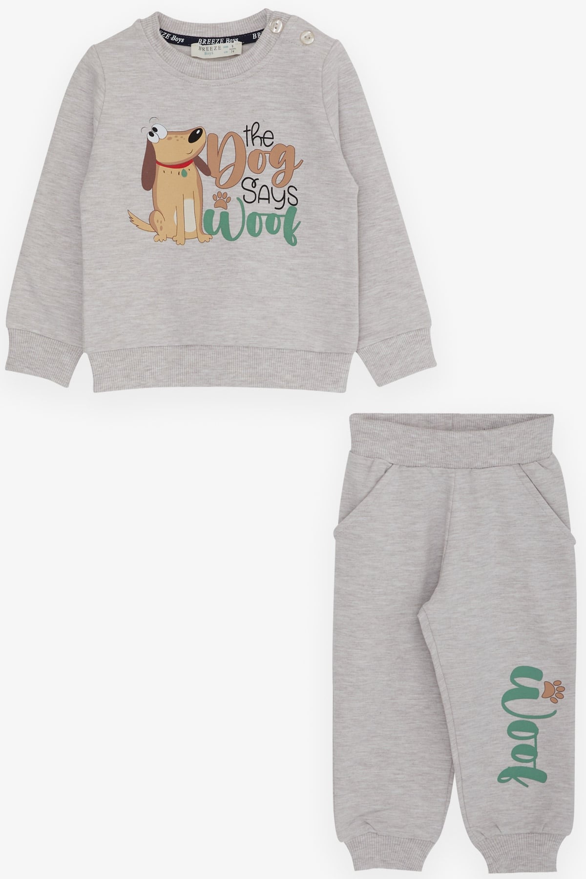Breeze Erkek Bebek Eşofman Takımı Şaşkın Köpekcik Baskılı Bej Melanj (9 Ay-3 Yaş)