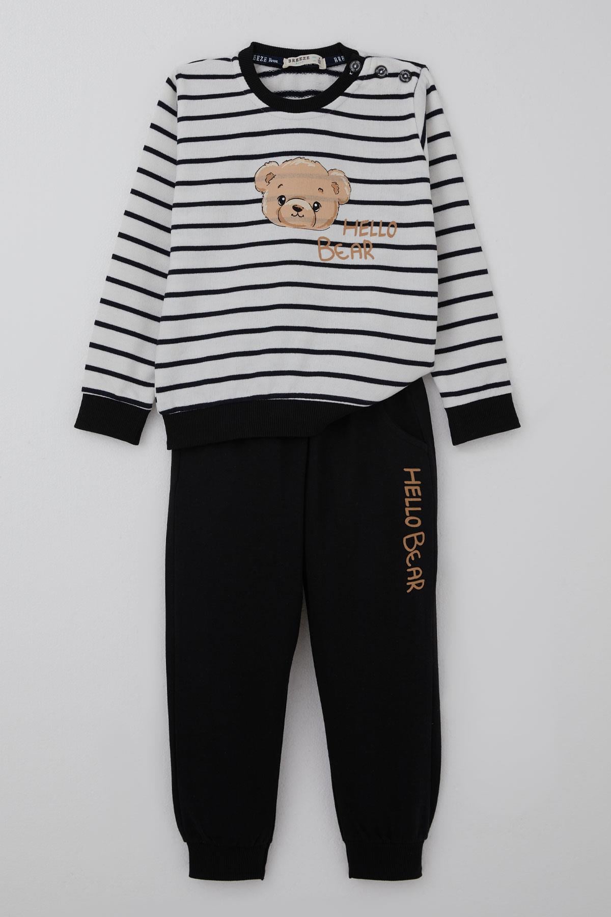 Breeze Erkek Bebek Eşofman Takımı Sevimli Bebek Ayıcık Baskılı Beyaz (9 Ay-3 Yaş)