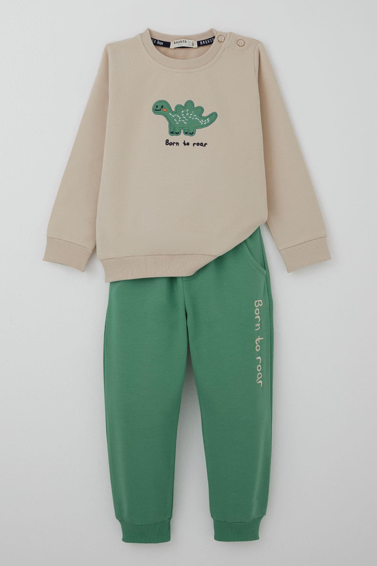 Breeze Erkek Bebek Eşofman Takımı Sevimli Dinozor Nakışlı Bej (9 Ay-3 Yaş)