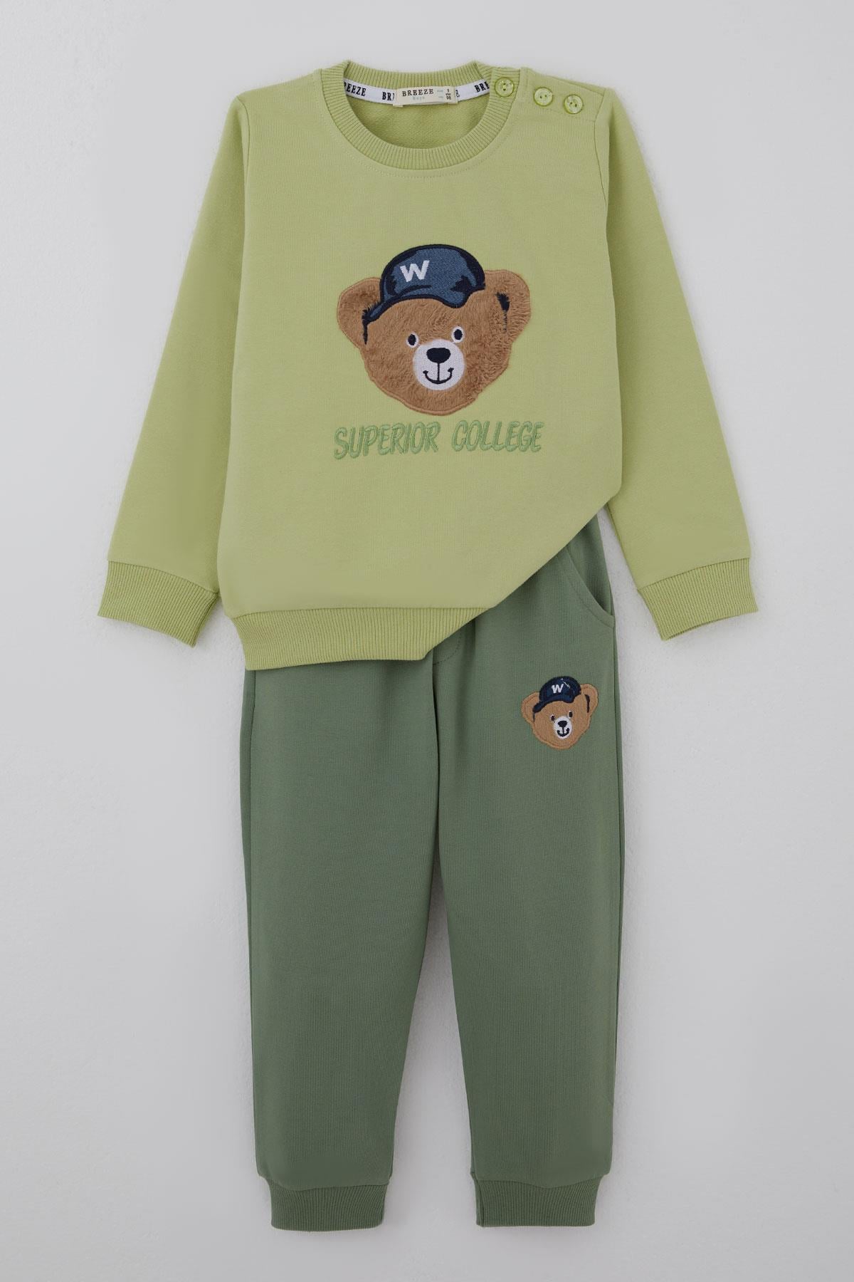 Breeze Erkek Bebek Eşofman Takımı Sevimli Ayıcık Aplikeli Kolej Model Fıstık Yeşili (9 Ay-3 Yaş)