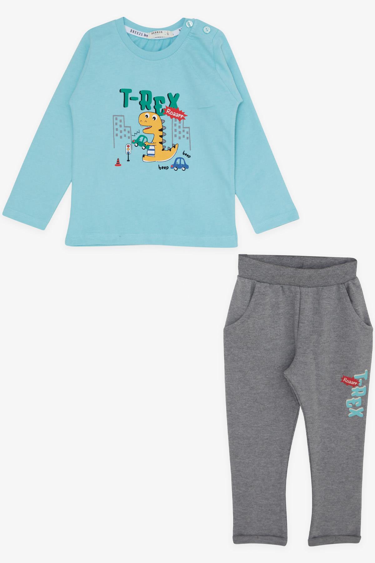 Breeze Erkek Bebek Eşofman Takımı Sevimli Dinozor Baskılı Açık Mavi (9 Ay-3 Yaş)