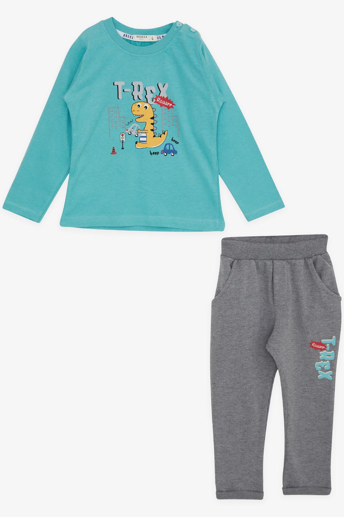 Breeze Erkek Bebek Eşofman Takımı Sevimli Dinozor Baskılı Su Yeşili (9 Ay-3 Yaş)