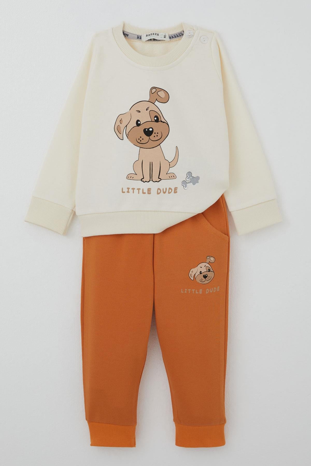 Breeze Erkek Bebek Eşofman Takımı Sevimli Köpekçik Baskılı Krem (6 Ay-2 Yaş)