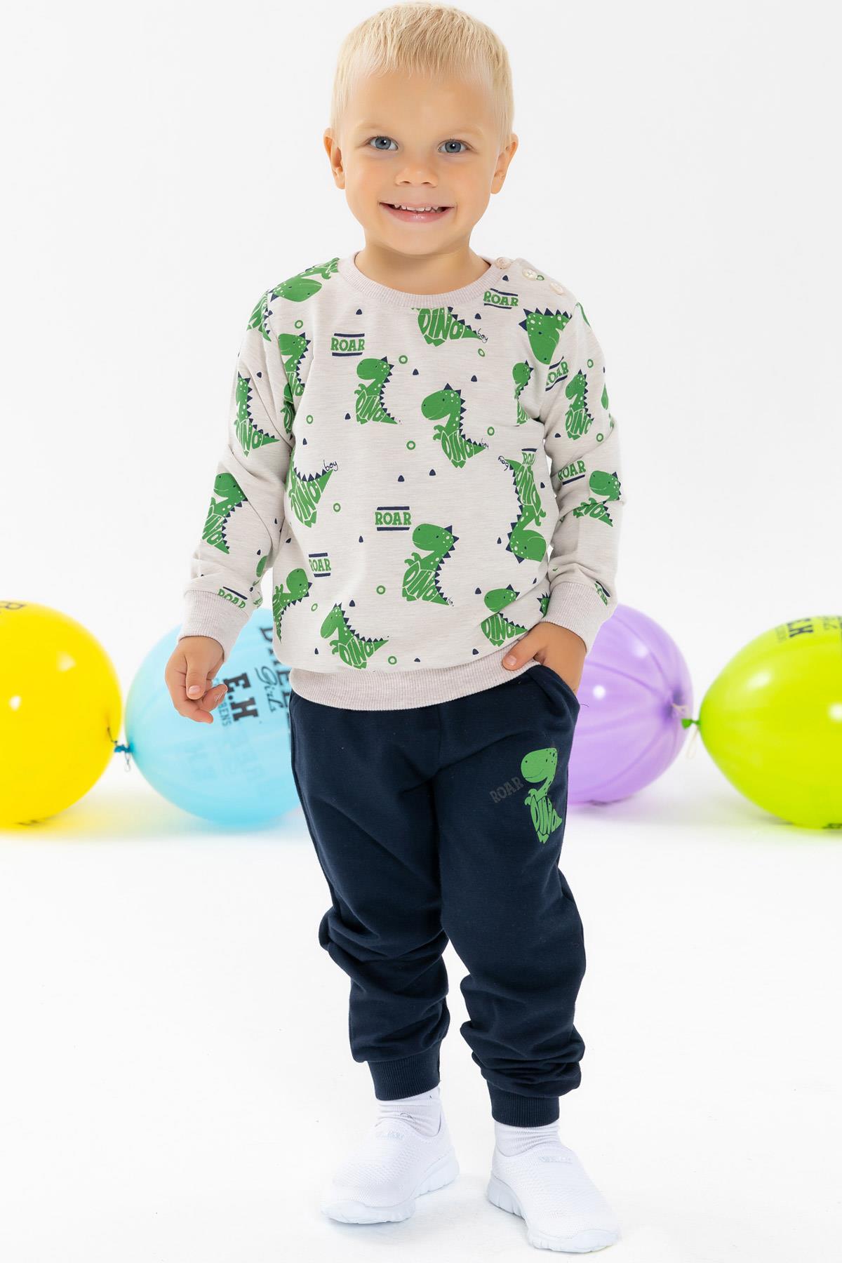 Breeze Erkek Bebek Eşofman Takımı Sevimli Dinozor Desenli Bej Melanj (1 Yaş)