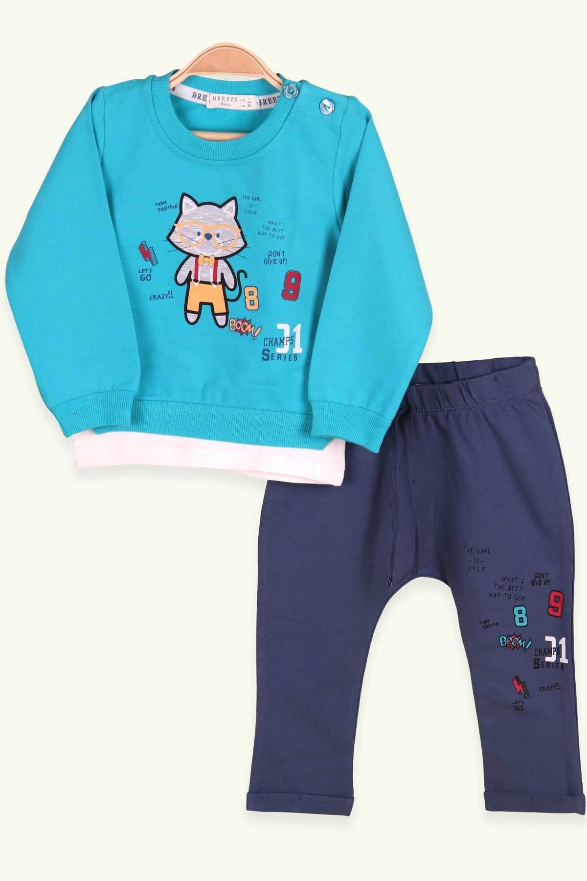 Breeze Erkek Bebek Eşofman Takımı Tilkili Mavi (6-24 Ay)